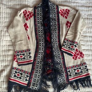Cozy Beige and Red Patterned Sweater Size L Fringed Cardigan
